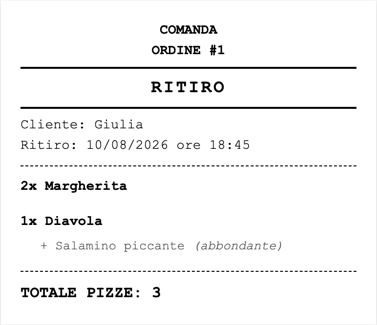 Comanda di cucina stampata: tipo ritiro, cliente, orario, pizze e aggiunte, senza prezzi