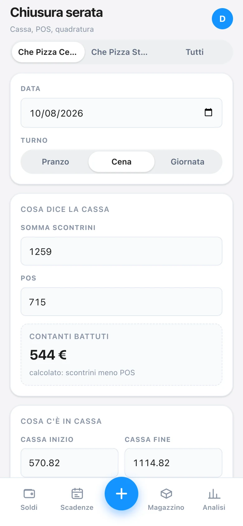 Modulo di chiusura serata compilato: data, turno, somma scontrini, POS, contanti battuti e cassa
